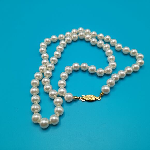 Vintage Glass Pearl Necklace, 8mm Faux Pearl Beads, 24 Inches, Hand Knotted - Picture 1 of 10